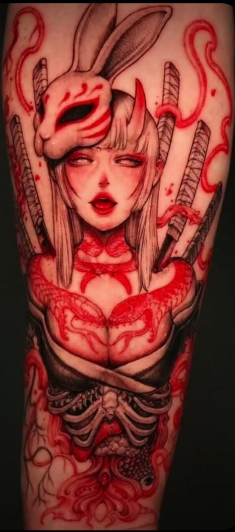 Anime Medusa Tattoo, Female Oni Tattoo, Kunoichi Tattoo, Japanese Woman Tattoo, Waifu Tattoo, Female Samurai Tattoo, Japanese Girl Tattoo, Most Beautiful Tattoos, Japanese Hand Tattoos