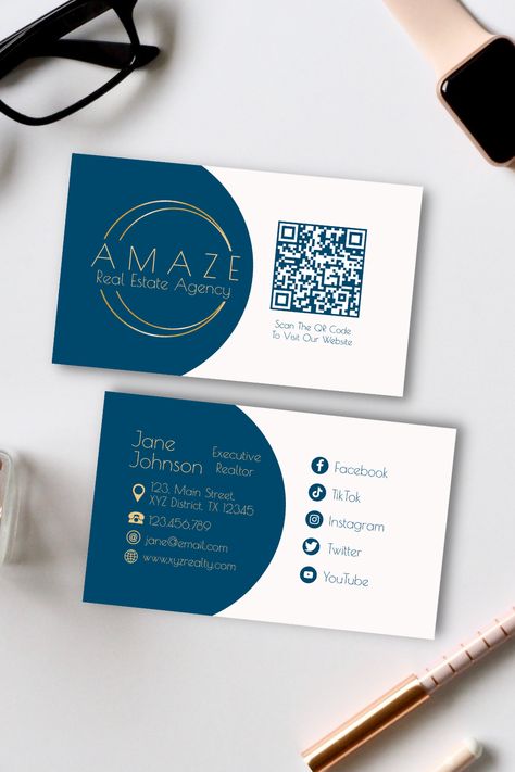 Elegant corporate business card design featuring a simple logo with golden rings, a scannable QR code that allows user to add preferred URL address for quick access to their online presence. Text placeholders are provided for easy customization to add essential contact details such as phone no., email, website, location pin and social media icons. With its minimalist card design, it fit all businesses across the board. Qr Business Card Design, Business Card Design Qr Code, Business Card Design With Qr Code, Qr Business Card, Minimalist Card Design, Business Card With Qr Code, Doctor Business Cards, Graphical Design, Qr Code Business