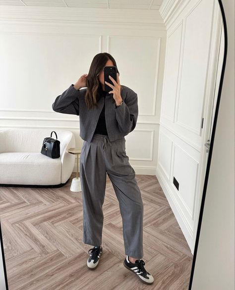 Grey bomber jacket, grey tailored trousers, adidas sambas, office outfit Short Grey Jacket Outfit, Dark Gray Jacket Outfit, Grey Zara Jacket Outfit, Grey Cropped Jacket Outfit, Grey Jacket Outfit Aesthetic, Bomberjacket Streetstyle Outfit Women, Gray Trousers Outfit, Cropped Trousers Outfit, All Grey Outfit