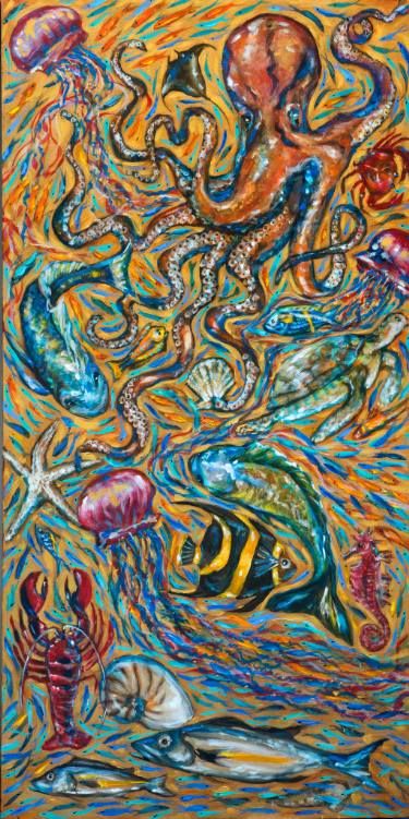 Saatchi Art Artist Linda Olsen; Painting, “Sealife Tapestry” #art Sealife Art, Fish Paintings, Octopus Wall Art, Sea Life Art, Octopus Art, Turtle Art, Impressionism Painting, A Level Art, Fish Painting