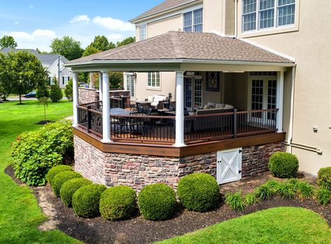 Amazing Decks, Patio With Fireplace, Wall Skirting, Deck Addition, Aluminum Balusters, Trex Transcend, Covered Porches, Retractable Roof, Modern Pergola