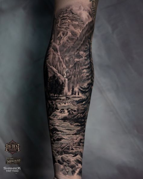 Woods Themed Tattoo Sleeve, Forest Theme Sleeve Tattoo, Country Tattoo Sleeve Men, Black And Grey Nature Tattoos, Waterfall Tattoo Sleeve, Forest Theme Tattoo, Realism Sleeve Tattoo, Waterfall Tattoo Ideas, Country Tattoos For Men