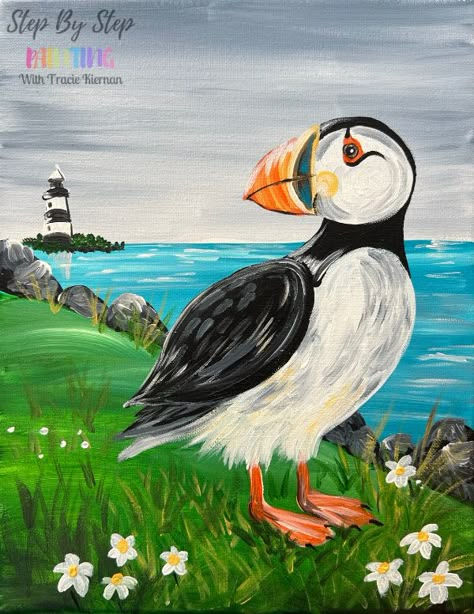 How To Paint "Puffin Island" - Step By Step Puffin Painting, Tracie Kiernan, Watercolor Crafts, Painting Acrylic Easy, Paintings Colorful, American Flag Painting, Unicorn Painting, Fall Canvas Painting, Balloon Painting