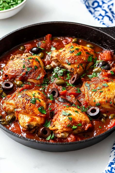 Chicken Puttanesca Recipes, Puttanesca Chicken, Chicken Puttanesca, Slow Cooker Chicken Stew, Eating Well Recipes, Pasta Puttanesca, Polenta Recipes, Easy Cook, Caprese Chicken