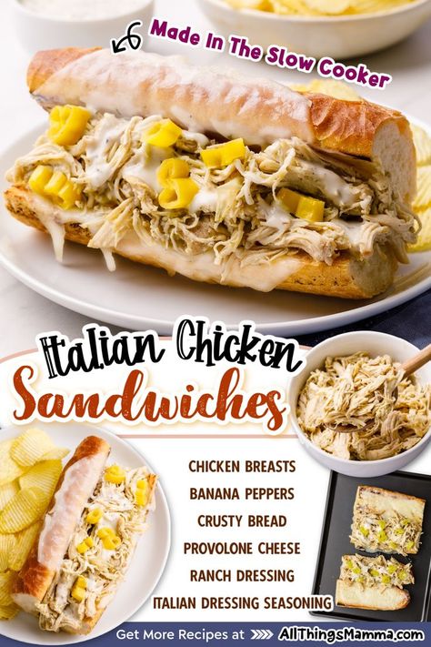 Italian Chicken Sandwich ingredients. Italian Chicken Sandwich served on a white round plate. Italian Chicken Sandwiches, Sandwich Alternatives, Crock Pot Sandwiches, Chicken Breast Sandwich, Easy Dinner Recipes For Family, Italian Chicken Crockpot, Pulled Chicken Sandwiches, Chicken Sandwich Recipes, Chicken Sandwiches