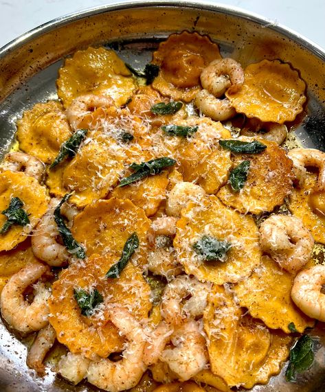 Brown Butter Sage Butternut Squash Ravioli with Prawns Recipe Roasted Butternut Squash Ravioli, Brown Butter Sage Butternut Squash Ravioli, Butternut Squash Ravioli With Chicken, Butternut Squash Ravioli With Shrimp, Shrimp And Butternut Squash, Butternut Squash Ravioli Recipe, Squash Ravioli Recipe, Sage Butternut Squash, Rana Pasta