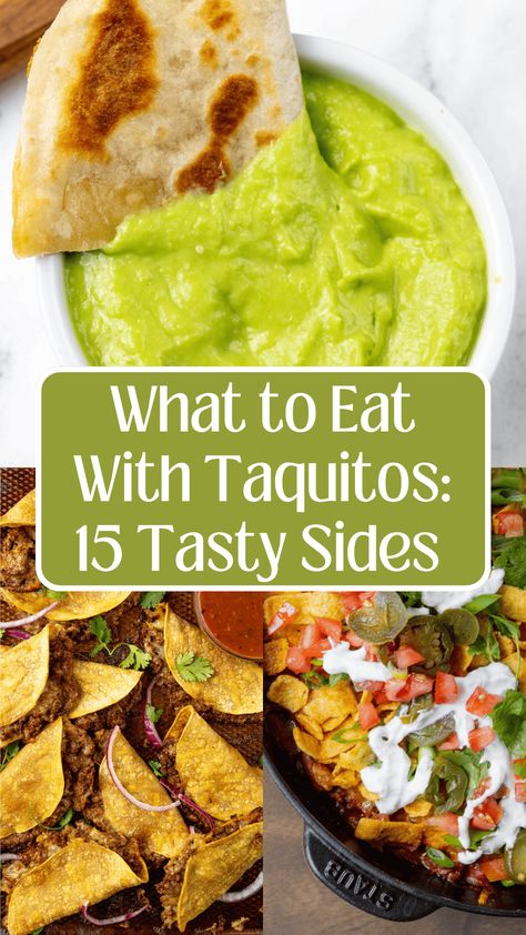 Are you looking for ideas on what to serve with your taquitos? Whether it's a sauce to dip your taquitos in, a side dish to make it a complete meal, or an additional appetizer for game day, I've got you covered with 15 delicious recipes that pair perfectly with your favorite taquitos! Taquito Side Dishes, Taquitos Dinner Ideas, Salsa For Taquitos, Taquitos Side Dish, Dipping Sauce For Taquitos, Sides For Taquitos, Taquitos In A Cup, Taquitos Sauce, Taquitos Dipping Sauce