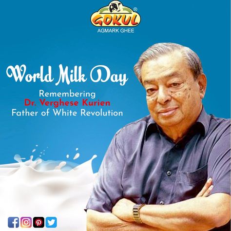 This day marks the birth anniversary of Verghese Kurien, the Father of White Revolution in India.  The significance of National Milk Day lies in the fact that this day celebrates the importance of milk in a person's life! National Milk Day - 26th November 2019 National Milk Day, The Father, Ghee, Milk, India, Celebrities, Quick Saves, White