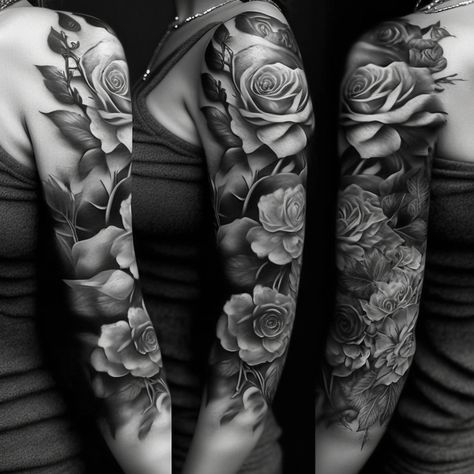 Full Sleeve Floral Tattoo, Realism Tattoo Sleeve Women Flowers, Womens Black And Grey Sleeve Tattoo, Floral Sleeve Black And White, Realism Floral Tattoo, Black And Gray Flower Tattoo Sleeve, Realism Flower Tattoo, Black And White Rose Sleeve Tattoo, Women’s Black And Grey Sleeve