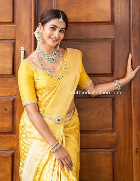 Pooja Hegde in a banarasi silk saree at a wedding – South India Fashion Yellow Pattu Saree Blouse Designs, Pattu Saree Poses, Mahira Sharma, Saree Pose, Messy Braid, Saree Drape, Cutwork Saree, Gota Patti Saree, Banaras Sarees