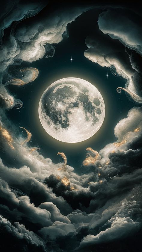 Experience the enchanting beauty of lunar landscapes in this captivating artwork. The moon radiates a dreamlike glow amidst whimsical clouds and abstract forms, inviting introspection. With a palette of deep indigos, silvery whites, and shimmering gold, this piece balances celestial elements and evokes a mystique that captivates the soul. #Impressionism #Surrealism #LunarArt #Dreamlike #CelestialBeauty Moon Asthetics Photos, Ethereal Moon, Whimsical Clouds, Fantasy Moon, Snow Moon, Celestial Elements, Moon Graphic, Abstract Forms, Moon Witch