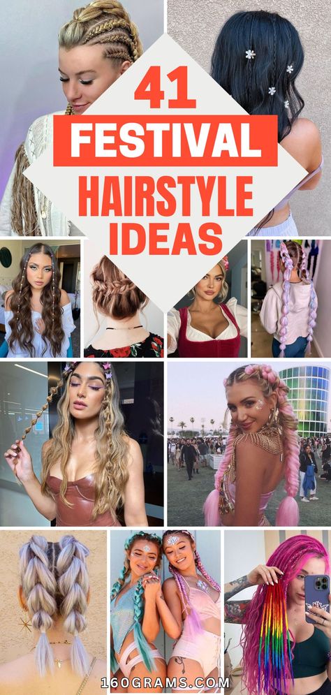 Save this pin for 41 head-turning festival hairstyles that will elevate your glam game! From boho braids to sparkly accessories, get inspired for your next festival look. #FestivalHairstyles #Glamour #HairInspo Edm Hairstyles, Mardi Gras Hairstyles, Hairstyles Glam, Festival Hairstyles, Festival Braids, Sparkly Accessories, Festival Diy, Festival Hair, Boho Braids