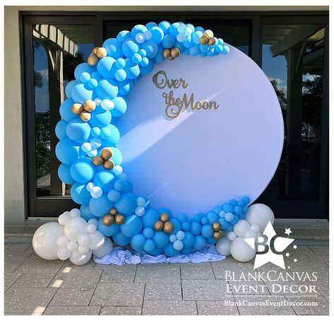 Over the Moon 🌙 Baby Shower Balloon Backdrop - BlankCanvasEventDecor.com Moon Cutout Backdrop, Over The Moon Backdrop Ideas, Crescent Moon Balloon Arch, Moon Backdrop With Balloons, Moon Balloon Garland, Balloon Moon Arch, Diy Moon Backdrop, Over The Moon Balloon Arch, Moon Balloon Arch