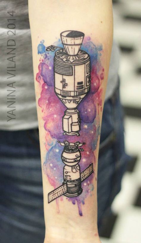 Watercolor Spaceship Ship Tattoos, Spaceship Tattoo, Rocket Tattoo, Astronaut Tattoo, Russian Tattoo, Ship Tattoo, Space Tattoo, Best Tattoo Designs, Design Tattoo