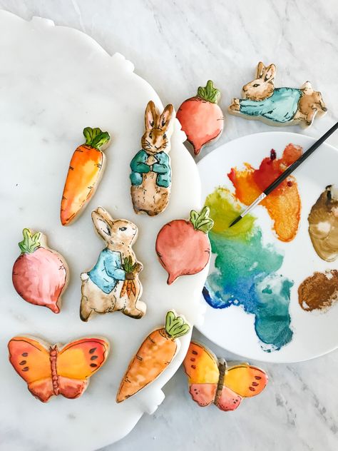 Peter Rabbit Sugar Cookies for Easter. Springtime cookies, Royal icing, Watercolor, Cookie Decorating, Sugar Cookies, Easter Rabbit Sugar Cookies, Peter Rabbit Cookies, Cookies For Easter, Painted Cookies, Rabbit Cookies, Tale Of Peter Rabbit, Peter Rabbit And Friends, Paint Cookies, Baking Kit