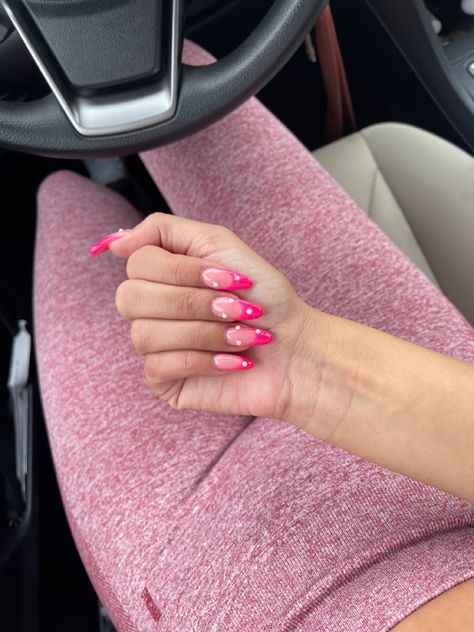 Hot Pink Nails With Pearls, Pink French Nails With Pearls, Pink French With Pearls, Pink French Nails With Gems, Hot Pink French Tip Nails With Gems, Pink French Tips With Pearls, Pink French Acrylics, Hot Pink Nails With Rhinestones, Pink Nails With Pearls