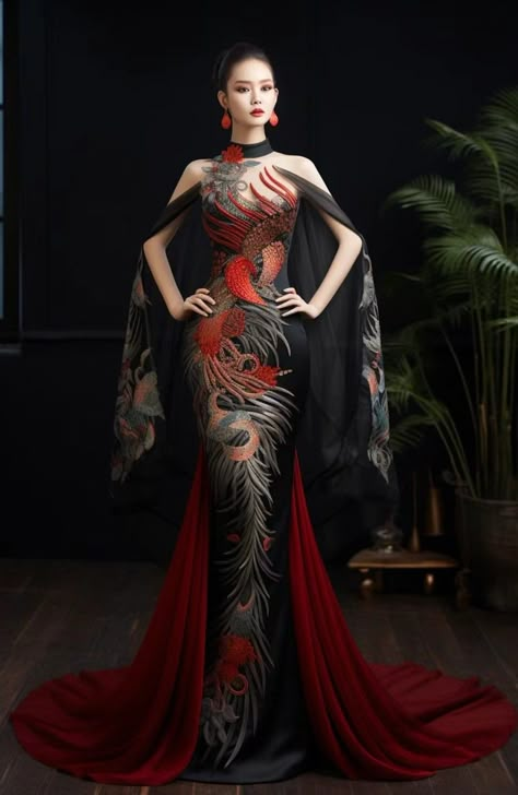 Dragon Inspired Dress, Dragon Dress Fantasy Gowns, Female Yakuza, Chinese Wedding Dresses, Rich Asian Fashion, Sangjit Dress, Transforming Dress, Japanese Wedding Dress, Dragon Dress