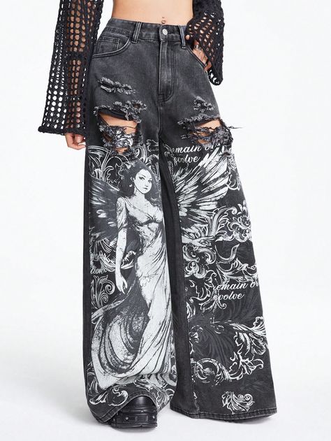 Black  Collar  Denim Graphic Wide Leg Embellished Non-Stretch  Women Clothing Cool Jeans Outfit Women, Metal Concert Outfit Summer, Rib Cage Jacket, Black Pants Design, Baggy Pants Plus Size, Art On Pants, Alt Pants, Cute Black Jeans, Goth Jeans