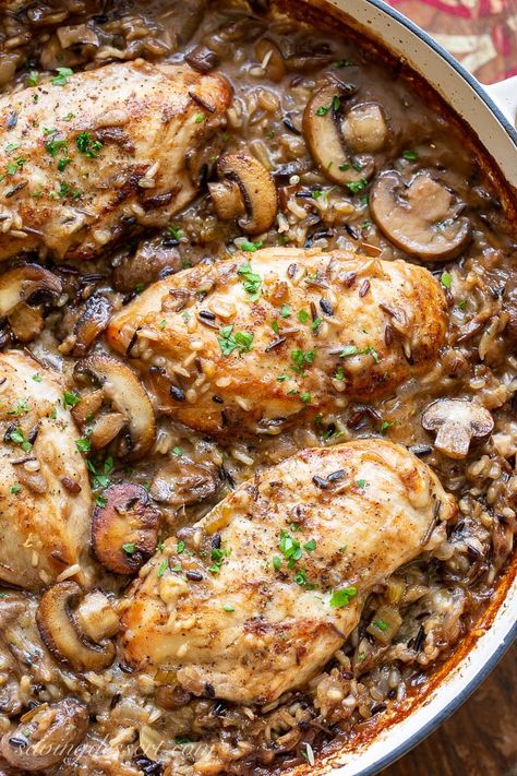 Chicken Wild Rice Casserole with tender, flavorful chicken nestled in a bed of wild rice and mushrooms. Uniquely flavored, filling and delicious! #wildrice #chickenricecasserole #wildricecasserole #chickenwildricecasserole #chickencasserole #casserole #dinner #sundaysupper #chickenandmushrooms #nosoupcasserole #recipe Chicken And Wild Rice Casserole, Chicken Wild Rice Casserole, Chicken Wild Rice, Chicken And Mushrooms, Wild Rice Casserole, Chicken Fricassee, Rice A Roni, Chicken And Mushroom, Chicken And Wild Rice