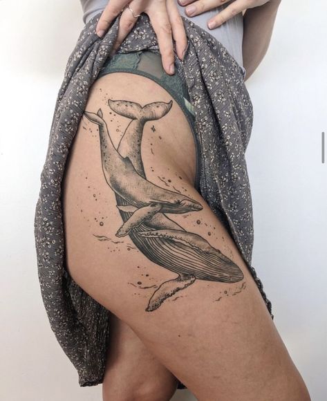 Sea Bunny Tattoo, Hai Tattoo, Thigh Tattoo Ideas, Ocean Sleeve Tattoos, Ocean Sleeve, Beachy Tattoos, Lower Leg Tattoos, Whale Tattoo, Ocean Tattoo