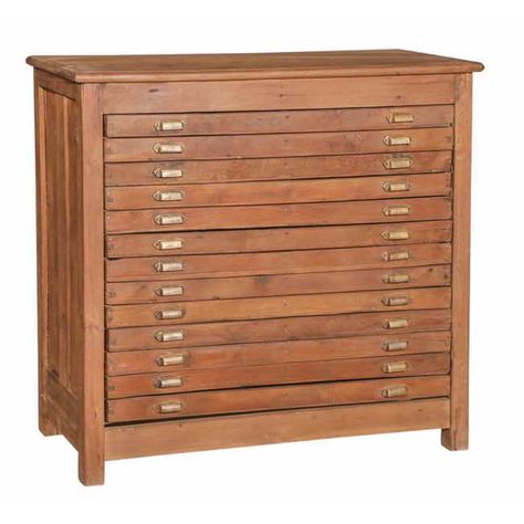 Featuring a series of apothecary-inspired drawers, this teak chest offers discrete storage for small items. The reclaimed teak wood and small brass drawer knobs make this one of a kind piece a beautiful addition to any space. Overall dimensions: Style One: 35"L X 9"W X 40"H This is a one of a kind, vintage piece. Each item is unique and will show signs of wear, age and patina. Small Art Studio Ideas, Library Card Catalog Cabinet, Card Catalog Cabinet, Chest With Drawers, Homemade Musical Instruments, Small Art Studio, Dining Banquette, Dvd Storage, Vintage Drawers