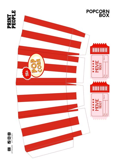 Popcorn box template with red and white stripes Templates To Print Out, Movie Ticket Template Free Printables, Movie Day At School, Popcorn Template Free Printable, Popcorn Bucket Template, Popcorn Printables Free, Diy Movie Tickets Template, Cute Diy Movie Tickets, Printable Movie Tickets Templates Free