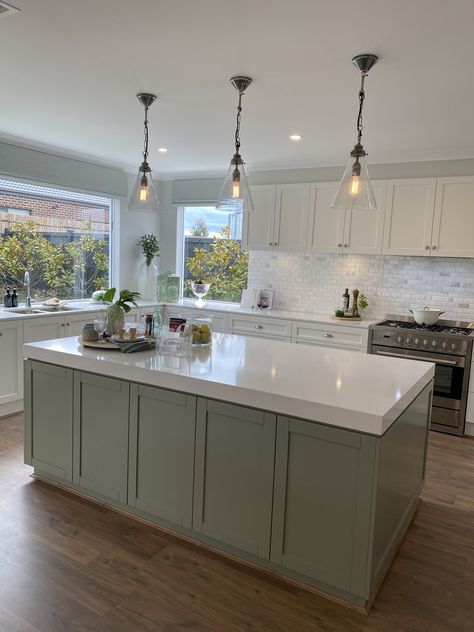 Kitchen Ideas Ireland, Sage Green Island, Green Kitchen Island, Sage Kitchen, Porter Davis, Hamptons Kitchen, Sage Green Kitchen, Green Kitchen Cabinets, Island Bench