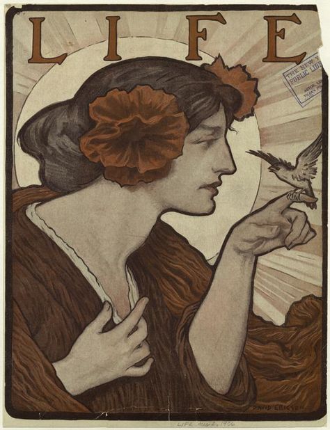 Bird Perched On Finger, Bird On Finger, Life Magazine Covers, Edmund Dulac, Woman With Flowers, Walter Crane, Art Nouveau Illustration, Flowers In Her Hair, Deco Poster