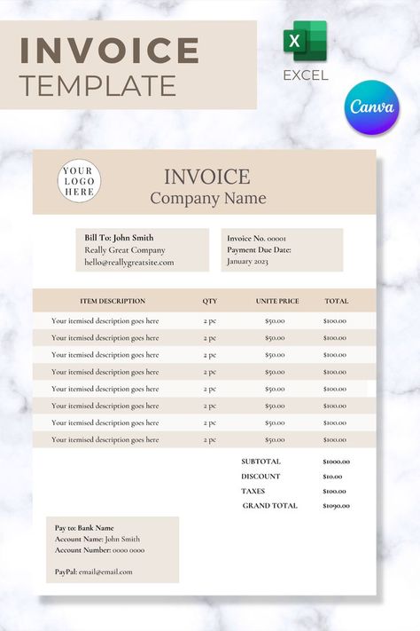 Invoice Template Word, Business Invoice, Excel Formula, Template Word, Excel Templates, Invoice Template, Microsoft Excel, Free Fonts, Company Names