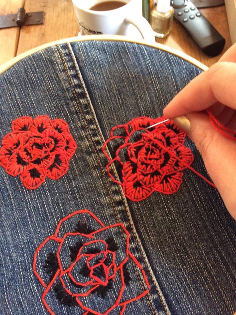 Red rose custom feature on a denim jacket for customer Denim Jacket Embroidery Ideas, Denim Jacket Customized, Denim Jacket Embroidery, Customised Denim Jacket, Clothes Embroidery Diy, Custom Denim Jacket, Simple Hand Embroidery Patterns, Diy Bead Embroidery, Denim Ideas