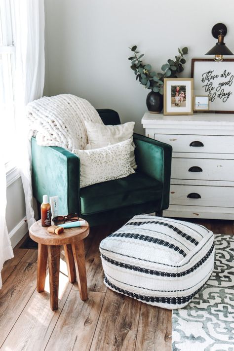 sunless tanner // home decorating ideas // emerald chair // velvet chair // green chair // sitting area ideas // chair ideas // boho home decor // boho farmhouse decor // boho chair Green Accent Chair, Apartment Stuff, Target Finds, Velvet Chair, Green Chair, Bedroom Chair, Cheap Decor, Cozy Corner, Cheap Home Decor