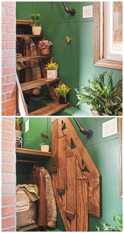 Tiny House Ladder Stairs, Very Tiny House Ideas, Fun Stairs Ideas, Reverse Loft Tiny House, Tiny House Interior Storage, Tiny House Storage Stairs, Tiny House Standing Loft, Tiny House Balcony, Cat Friendly Tiny House