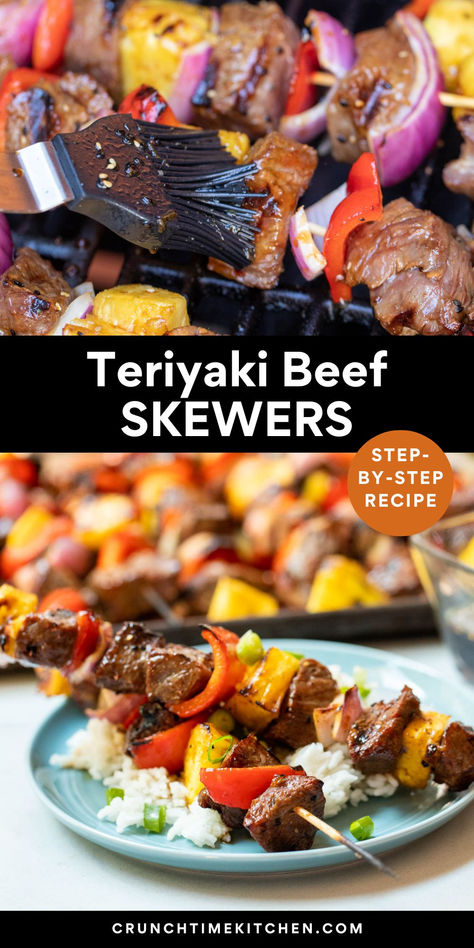 Beef Skewers Teriyaki Beef Skewers, Tender Steak Bites, Teriyaki Skewers, Beef Kabob Recipes, Grilled Recipes, Beef Kabobs, Teriyaki Beef, Beef Skewers, Shish Kabobs