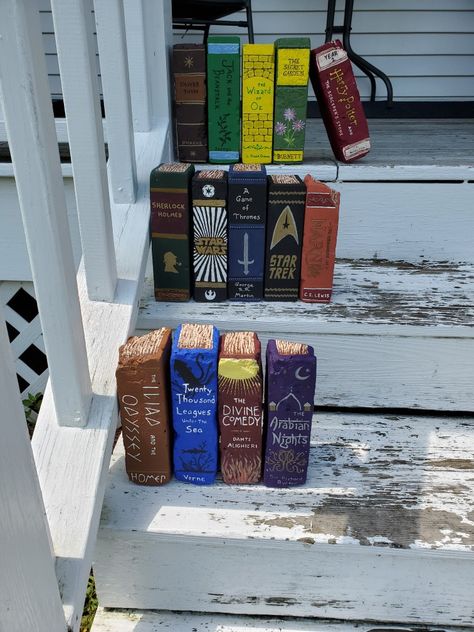 Books Out Of Bricks, Garden Paver Books, Garden Bricks Painted Like Books, Book Painted Bricks, Brick Painted Like Book, Bricks Painted As Books, Thrift Store Painting Makeover, Painted Bricks To Look Like Books, Garden Book Bricks