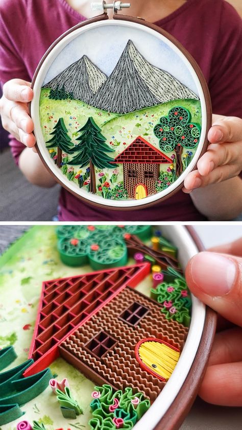 Little House in the Mountains Paper Quilling on top of Watercolor Painting inside Embroidery Hoop Paper Quilling Mountains, Paper Quilling Scenery, Quilling Mountains, Quilling House, Quilling Painting, Paper Quilling Ideas, Diy Paper Wall Hanging, Quilling Design, Snail Craft