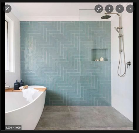 Bathroom Herringbone, Ensuite Tiles, Split Foyer Remodel, Herringbone Bathroom, Turquoise Shower, Main Bathroom Ideas, Split Foyer, Midcentury House, Guest Bathroom Remodel