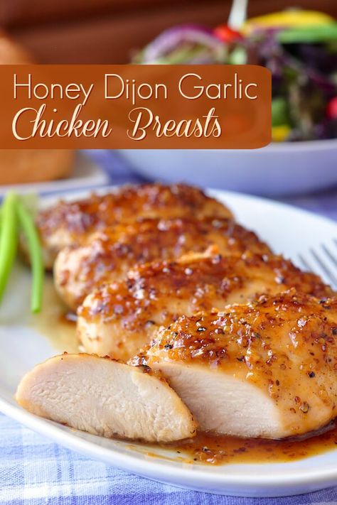 Honey Dijon Garlic Chicken Breasts - boneless skinless chicken breasts quickly baked in an intensely flavoured honey, garlic and Dijon mustard glaze. Quick Delicious Dinner, Honey Dijon, Think Food, Boneless Skinless Chicken, Idee Pasto Sano, Honey Garlic, Garlic Chicken, Boneless Skinless Chicken Breast, Skinless Chicken Breast