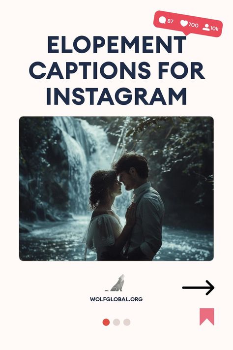 A couple embracing near a waterfall with text "Elopement Captions for Instagram" above them.
Graphic with checklist of romantic travel-themed phrases, 'GET 100+ MORE' button, wolfglobal.org at bottom.
Promotional image featuring a happy woman with a laptop, advertising an Instagram engagement pod. Elopement Quotes Funny, Elopement Captions, Elopement Announcement Social Media, Wedding Announcement Captions, Elopement Captions Instagram, Elope Quotes, Elopement Quotes, Fiance Captions, Secret Elopement