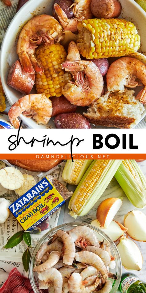 Want more summer main dish recipes? Don't miss out on this low country boil! Cooked in a garlicky, lemony beer broth that's perfectly seasoned, this homemade shrimp boil is sure to be a hit. Nothing beats a classic summer dinner! Shrimp And Crab Boil, Shrimp Boil Recipe, Sausage And Potatoes, Best Shrimp Recipes, Country Boil, Low Country Boil, Seafood Boil Recipes, Kielbasa Sausage, Shrimp Boil