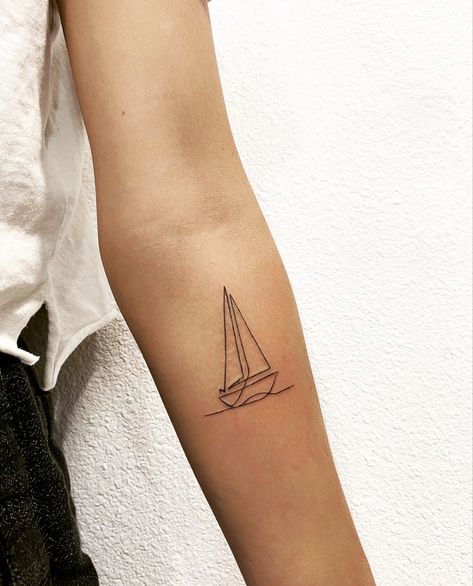 Catamaran Tattoo, Fine Line Ship Tattoo, Sailboat Tattoo For Women, Sailboat Tattoo Minimal, Boat Silhouette Tattoo, Minimalist Boat Tattoo, Sailboat Sunset Tattoo, Sailing Boat Tattoo Simple, Fine Line Sailboat Tattoo