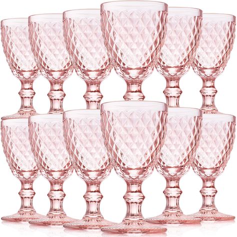 Pink Glassware Set, Water Goblets Wedding, Bridgerton Brunch, Chinoiserie Party, Pink Party Tables, Pink Drinking Glasses, Tea Party Table Settings, Pink Table Settings, Pink Tablescape