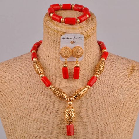 Cheap Bridal Jewelry Sets, Buy Quality Jewelry & Accessories Directly from China Suppliers:African Bead Cylindrical Red Jewelry Coral Bead Necklace India Fashion Nigeria Wedding Jewelry Sets SH 02 Enjoy ✓Free Shipping Worldwide! ✓Limited Time Sale ✓Easy Return. Nigeria Beads Necklaces, Flower Necklace Aesthetic, Coral Beads Jewellery, Flower Necklace Outfit, Necklace Gold Indian, Necklace Gold Simple, Nigeria Wedding, Handmade Ceramic Jewelry, Jewerly Set