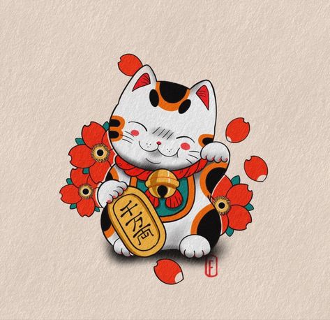 Chinese Good Luck Cat Tattoo, Cat Zodiac Tattoo, Cute Daruma Tattoo, Chinese Cat Drawing, Lucky Cat Tattoo Design, Japanese Cat Drawing, Chinese Cat Tattoo, Japanese Lucky Cat Tattoo, Maneki Neko Wallpaper