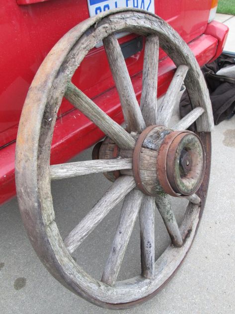 I picked a very old wood spoked wagon wheel today. The wood is in pretty rough shape but most all of it is there. I looked up on google ways to preserve it other than traditional clear wood stain waterproofing and found that linseed oil cut with turpentine works well. Anyone have any experience... Antique Wagon Wheels, Wooden Wagon Wheels, Wood Wagon, Wagon Wheels, Amazing Furniture, Old Wagons, Wooden Wagon, Wheel Repair, What To Use