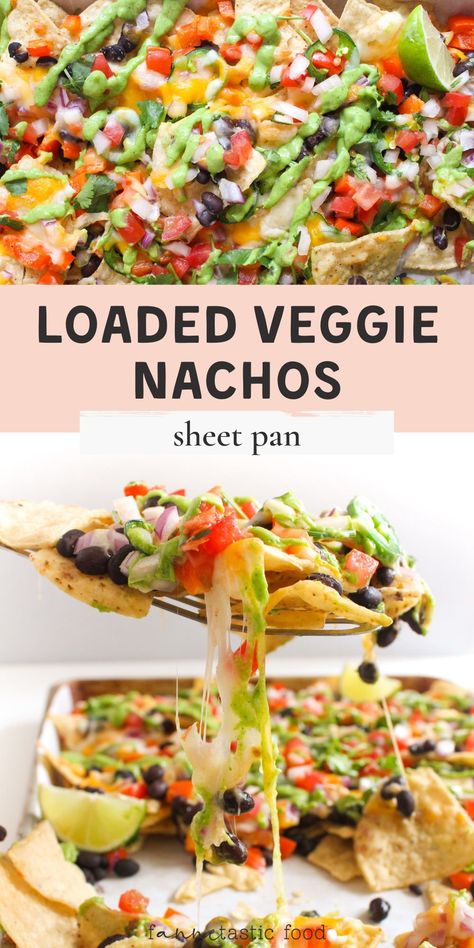 These cheesy sheet pan vegetarian nachos are loaded with veggies and beans. They're a fabulous quick and easy meatless meal! Making them on a sheet pan is so simple, and it’s the perfect way to make sure every chip is loaded with the goods. A drizzle of bright and flavorful avocado crema with lime finishes off these easy veggie nachos! Quick Easy Vegetarian Snacks, Vegetarian Simple Meals, Quick Easy Meatless Dinner, Easy Nachos Recipe, Football Food Vegetarian, Veggie Sheet Pan Dinners, Chickpea Nachos, Zucchini Nachos, Easy Summer Sheet Pan Dinners