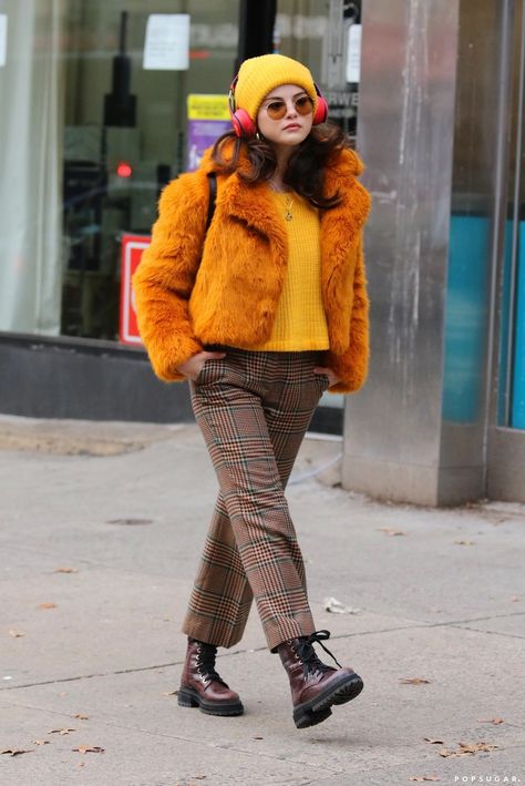 Yellow Fur Coat Outfit, Orange Fur Coat Outfit, Colourful Fall Outfit, Yellow Winter Outfits, Orange Coat Outfit, Mabel Mora Outfits, Orange Fall Outfit, Fuzzy Coat Outfit, Fall Outfits Orange