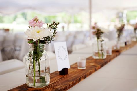 Wood Plank Centerpiece Wedding, Mason Jar Place Setting, Wood Plank Table Centerpiece, Wood Plank Centerpiece, Picnic Table Wedding Centerpieces, Long Table Centerpieces, Mason Jar Flower Arrangements, August Flowers, Long Table Wedding