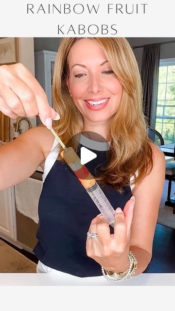 Janine Graff on Instagram: "Rainbow Fruit Kabobs 🌈 Here’s my ultimate hack- I used a clean plastic medicine syringe as an extruder to create perfectly shaped and layered fruit kabobs in a flash! Just slide in a mini skewer, push out the kabobs, and voilà - a colorful and delicious treat ready to impress! Better yet, freeze and enjoy as a fun frozen fruit pop treat this summer! 

#FruitFusion #CreativeKabobs #FruitHack #ColorfulBites #FruitArt #DIYKabobs #HealthyEats #RainbowTreats" Winter Fruit Kabobs, Diy Kabobs, Fruit Kabobs For Party Skewers, Fruit Skewers Ideas, Fruit And Cheese Kabobs, Fruit Kabobs For Party, Janine Graff, Rainbow Fruit Kabobs, Fruit Kabob