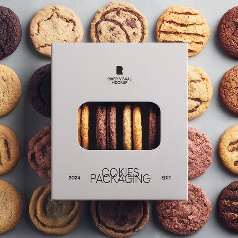 Free Cookies Packaging Mockup PSD Cookies Branding Packaging, Cookies Packaging Ideas Creative, Packaging Mockup Free Psd, Cookie Packaging Design, Cookie Photoshoot, Bakery Mockup, Dessert Boxes Packaging, Cookies Brand, Premium Cookies