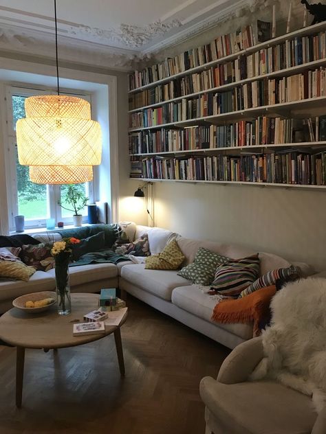 Sofa And Bookshelves, Bookshelves Over Couch, Bookshelves Above Couch, Couch Bookshelf, Lots Of Books, Dream Apartment, My Future, House Room, Apartment Inspiration